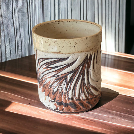 Unique Handless Agateware Pottery Mug: Artisan-Crafted Elegance for Your Daily Brew
