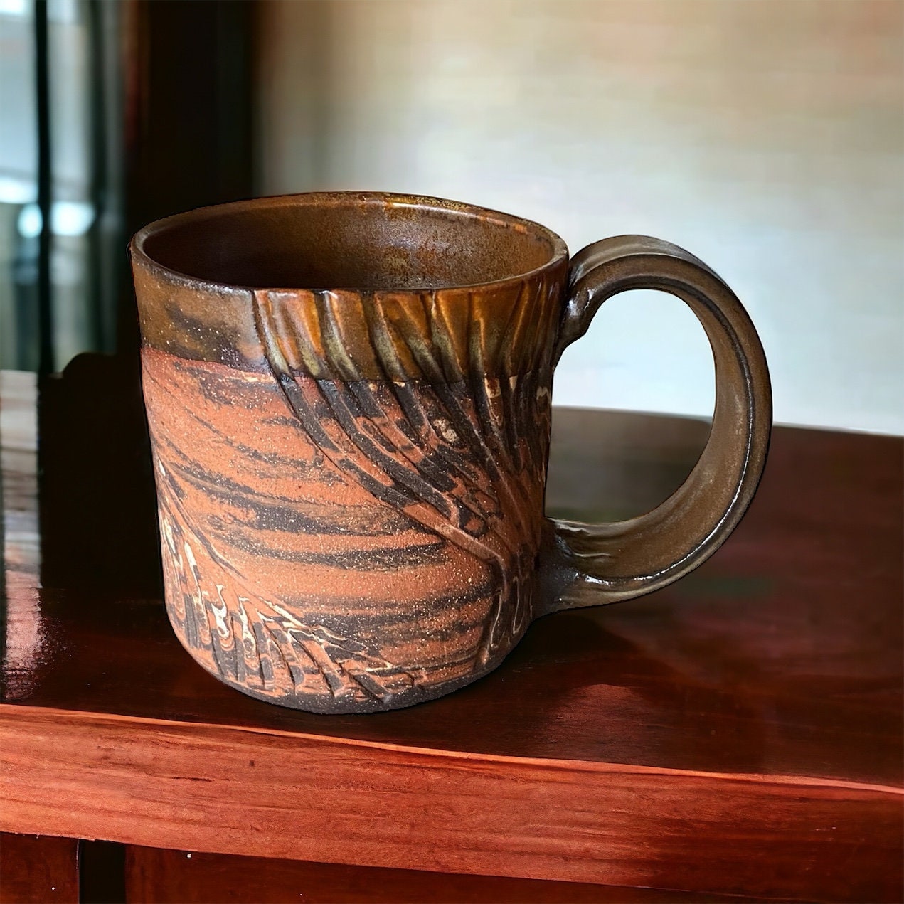 Red and Black Carved Agateware 12-Ounce Coffee or Tea Mug: Handcrafted Elegance for Your Morning Brew (B-10)