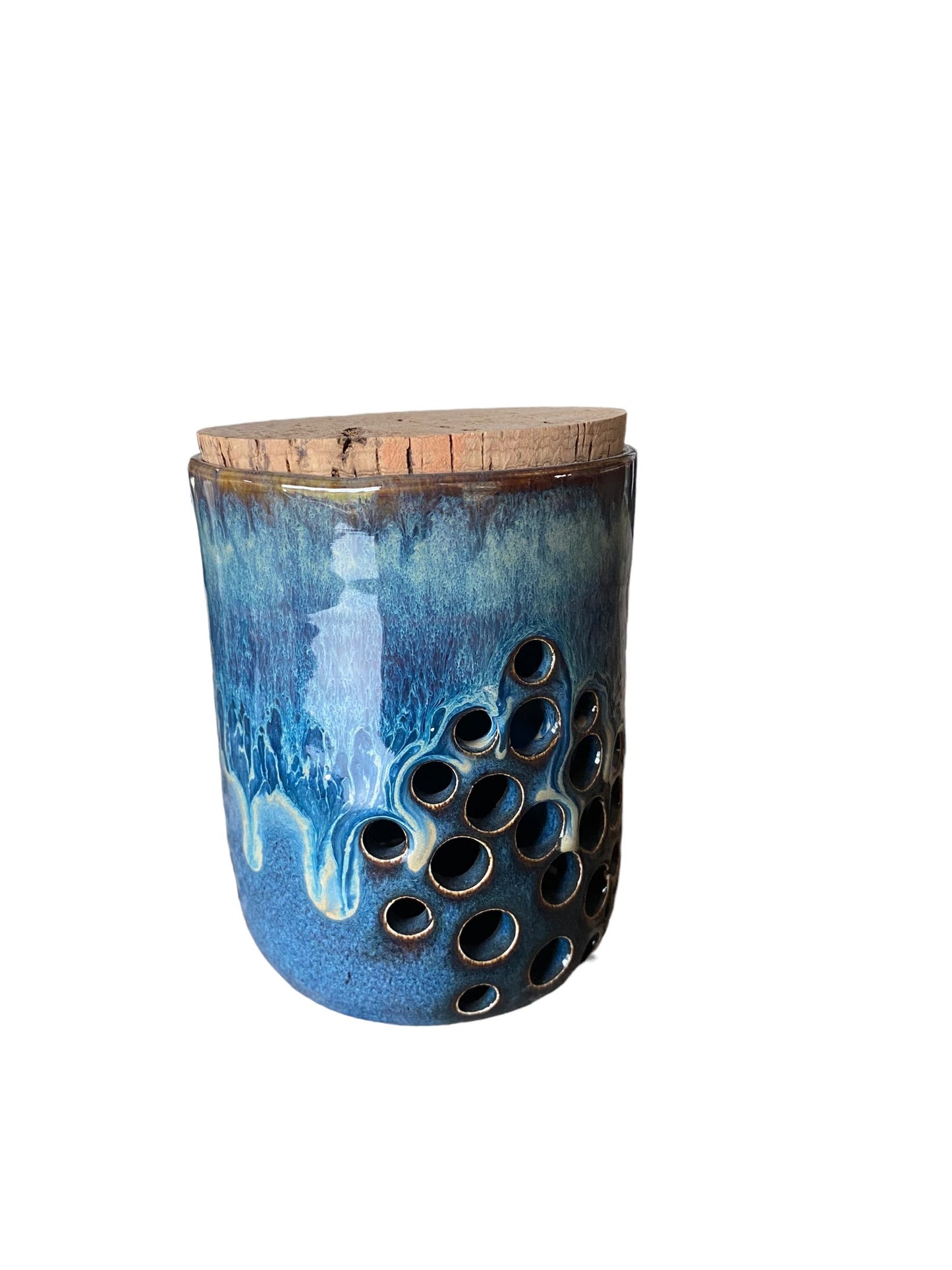 Artisan-Crafted Reactive Blue Lidded Grlic Jar: Handmade Pottery Canister for Unique Home Decor and Storage Solutions