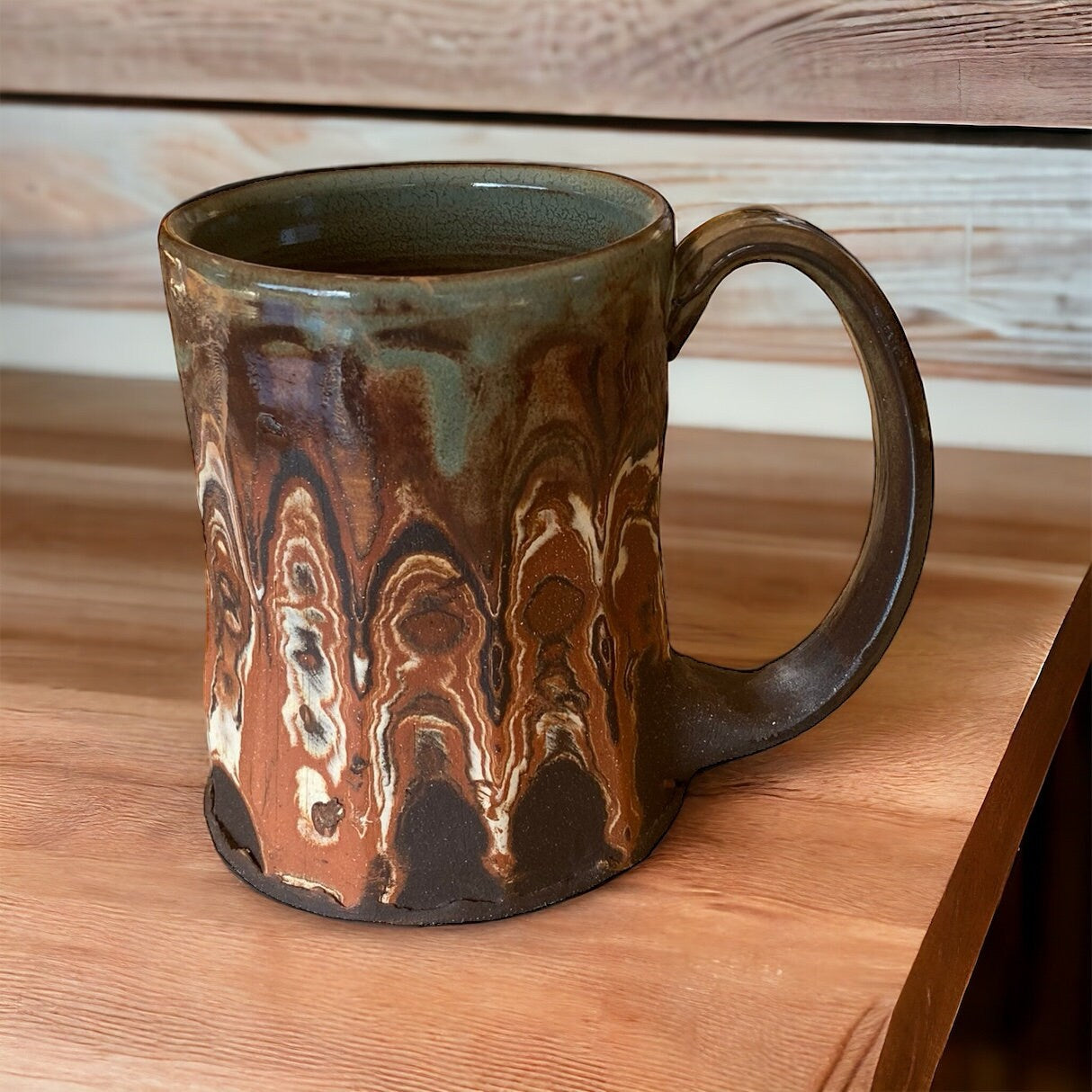 Red and Black Carved Agateware 14-Ounce Coffee or Tea Mug Framed in a Sage Glaze - Handcrafted Pottery Mug