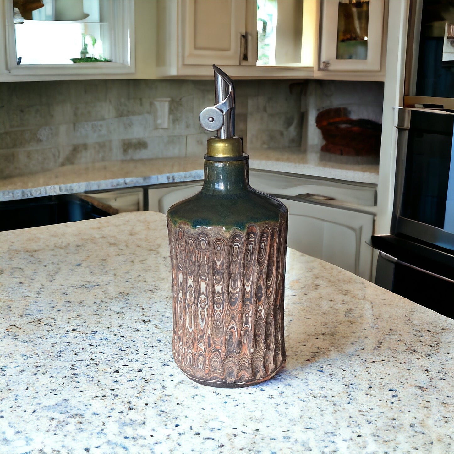 Artisan-Crafted 16-Ounce Handmade Agateware Oil Vinegar Bottle: Elevate Your Table with Unique Pottery