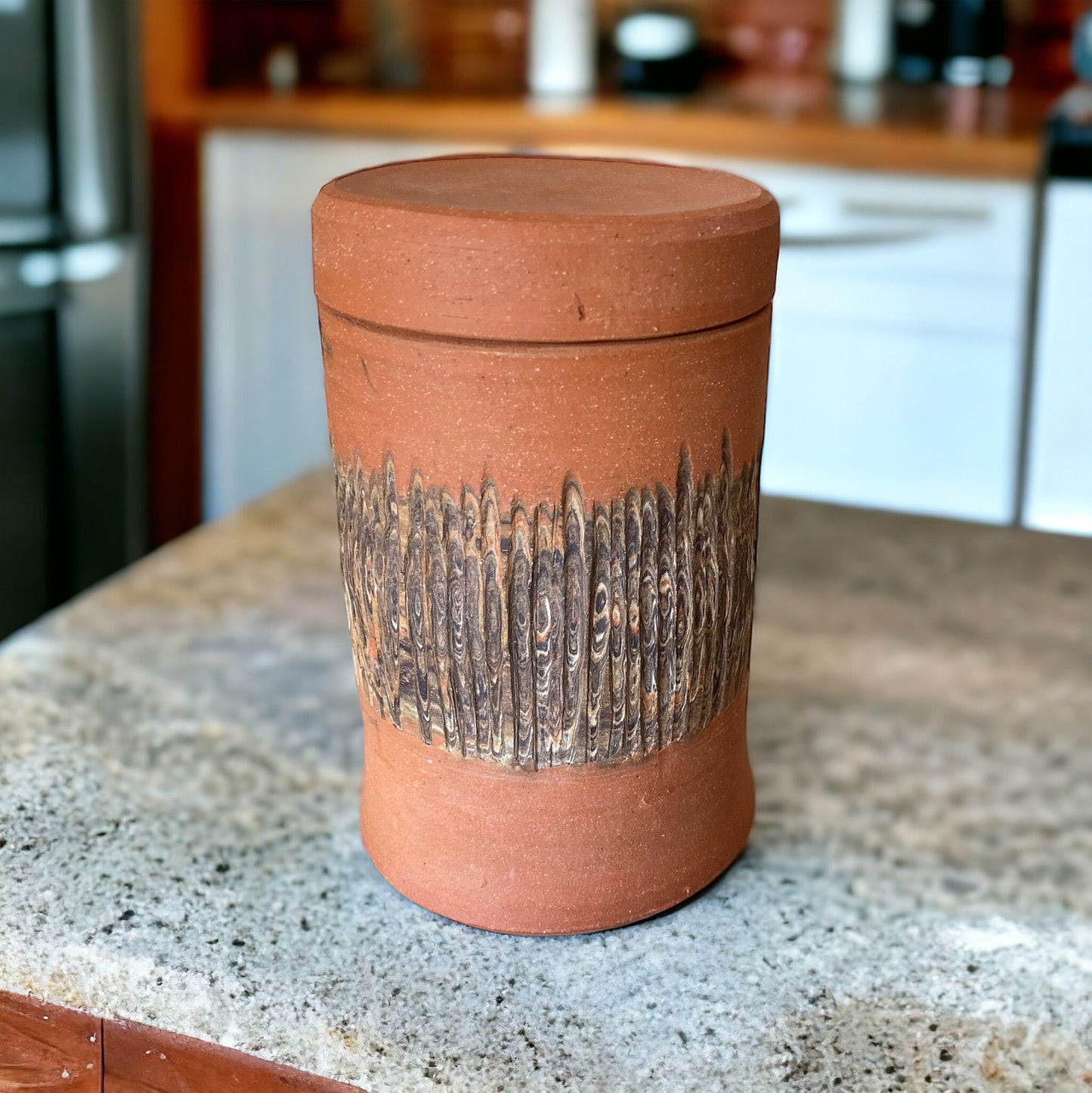 Large Handmade Fluted Agateware Stoneware  Jar: Artisan Crafted Pottery for Stylish Kitchen Storage