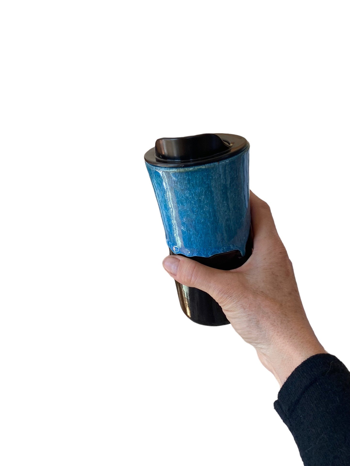 Handmade 16-Ounce Waterfall Turquoise and Black Travel Mug - To Go Mug With Locking Lid