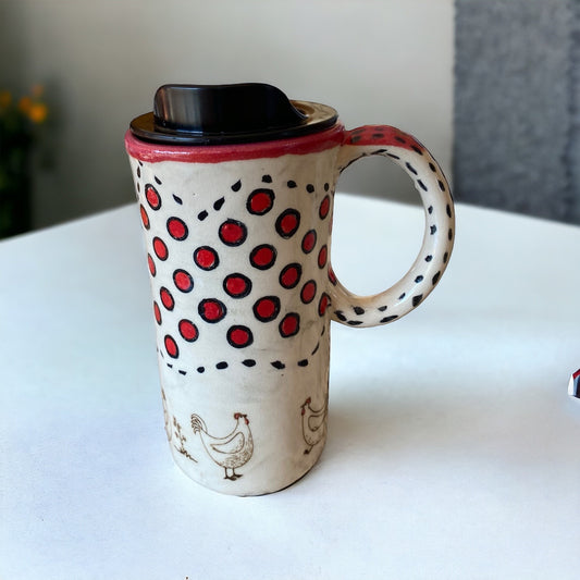 Handmade Hand PaintedTravel Mug-  Chickens - Travel Mug - Pottery Mug -  Coffee Mug