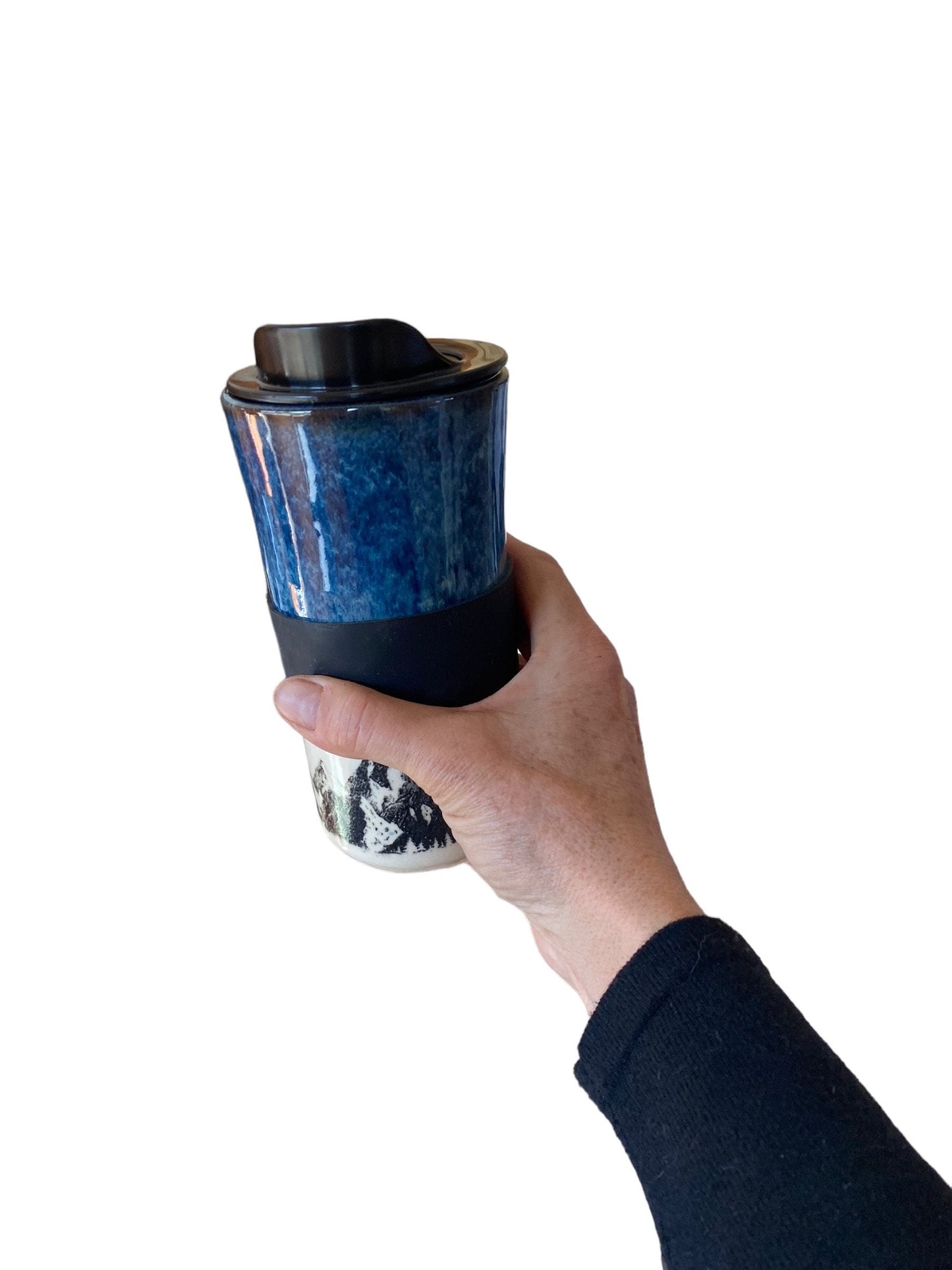Large Travel Mug with Locking Lid Embellished with Mountains - Stylish and Secure Pottery for Nature-Loving Adventures