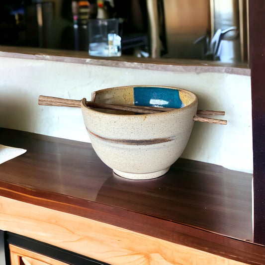 Small Agateware Ramen Bowl with Chopsticks - Handmade Stoneware Japanese Noodle Soup Dining Set