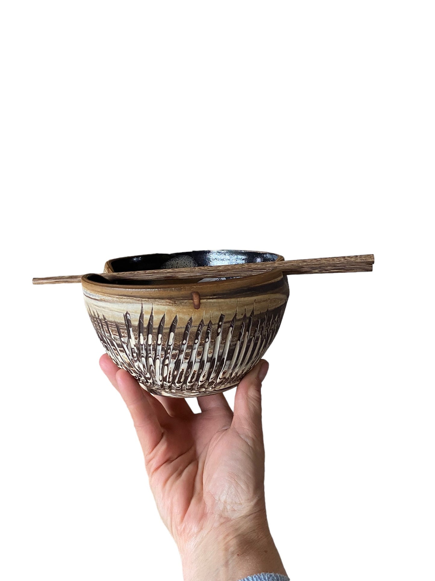 Handcrafted Agateware Ramen Bowl Set: Stoneware Noodle Dish with Chopsticks for Japanese Cuisine