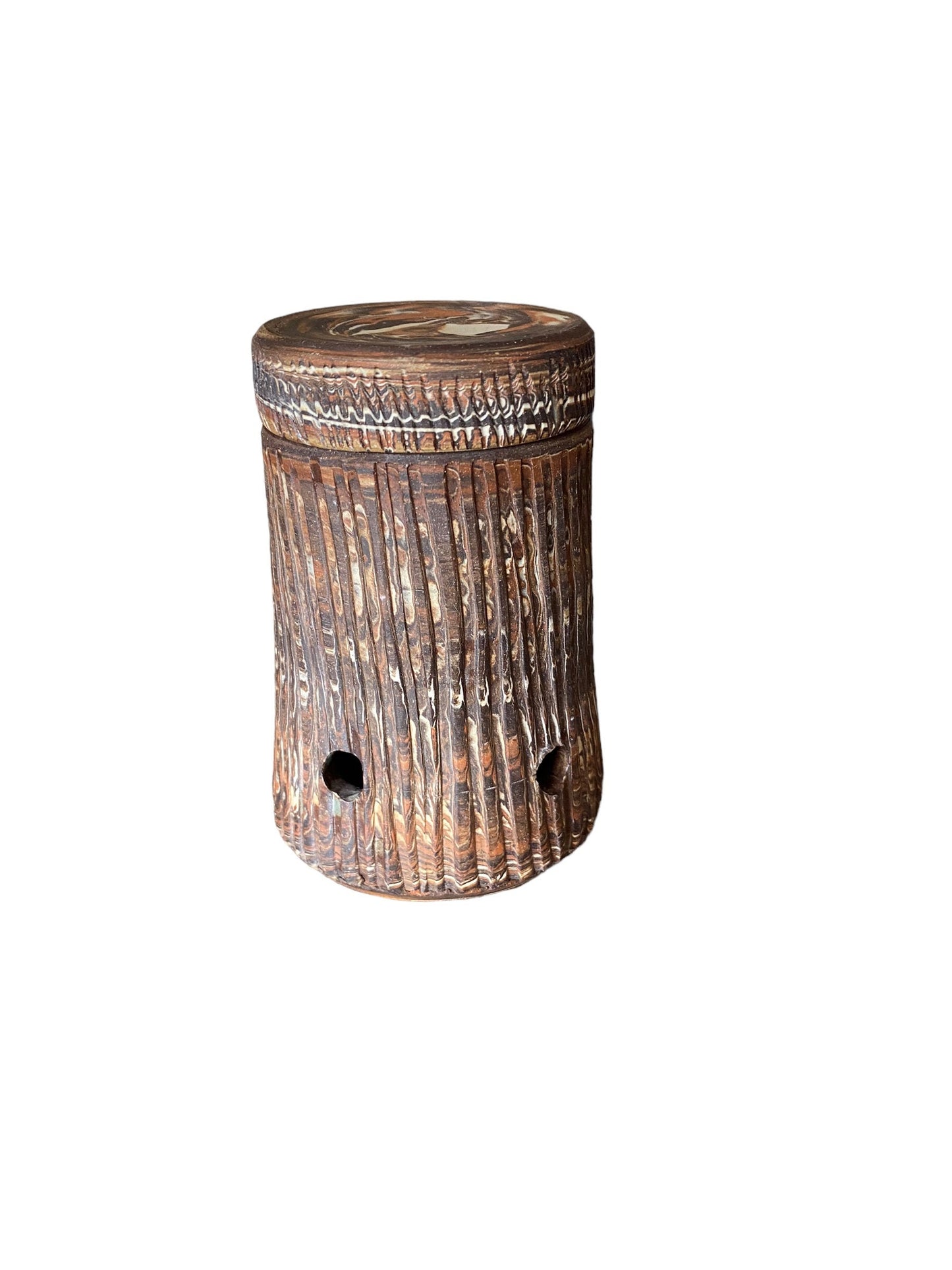 Handcrafted Fluted Agateware Stoneware Garlic Keeper: Stylish Kitchen Storage Pottery Container