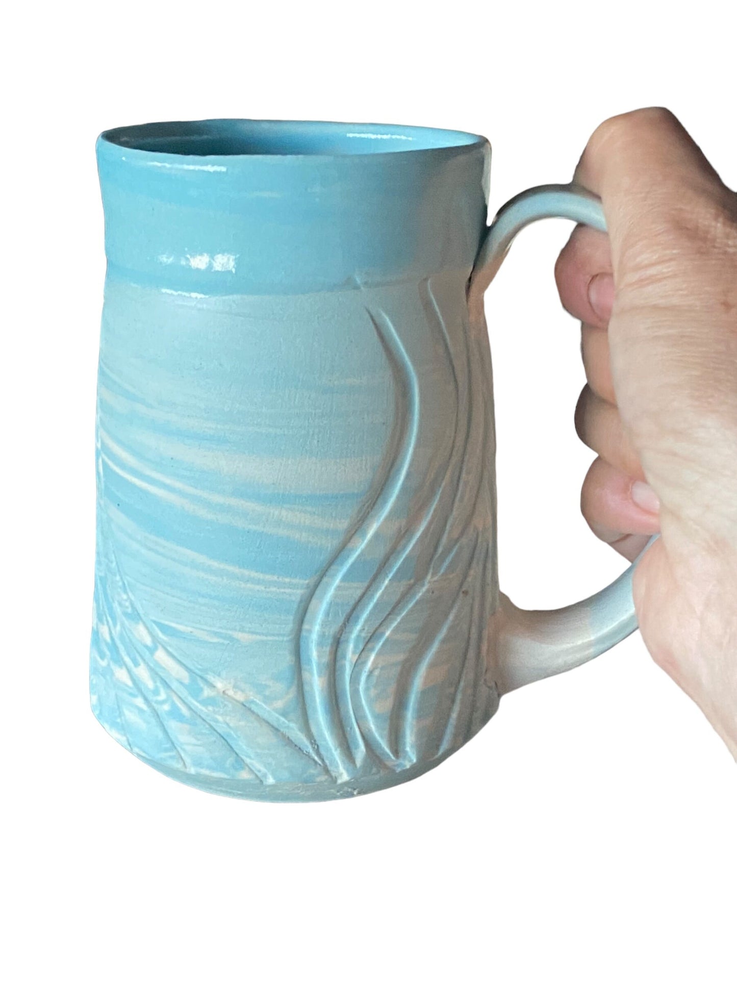 Large Handmade Agateware Mug Framed in a Blue Glaze - Robin's Egg and White Marbled Mug - Unique Pottery Coffee Mug