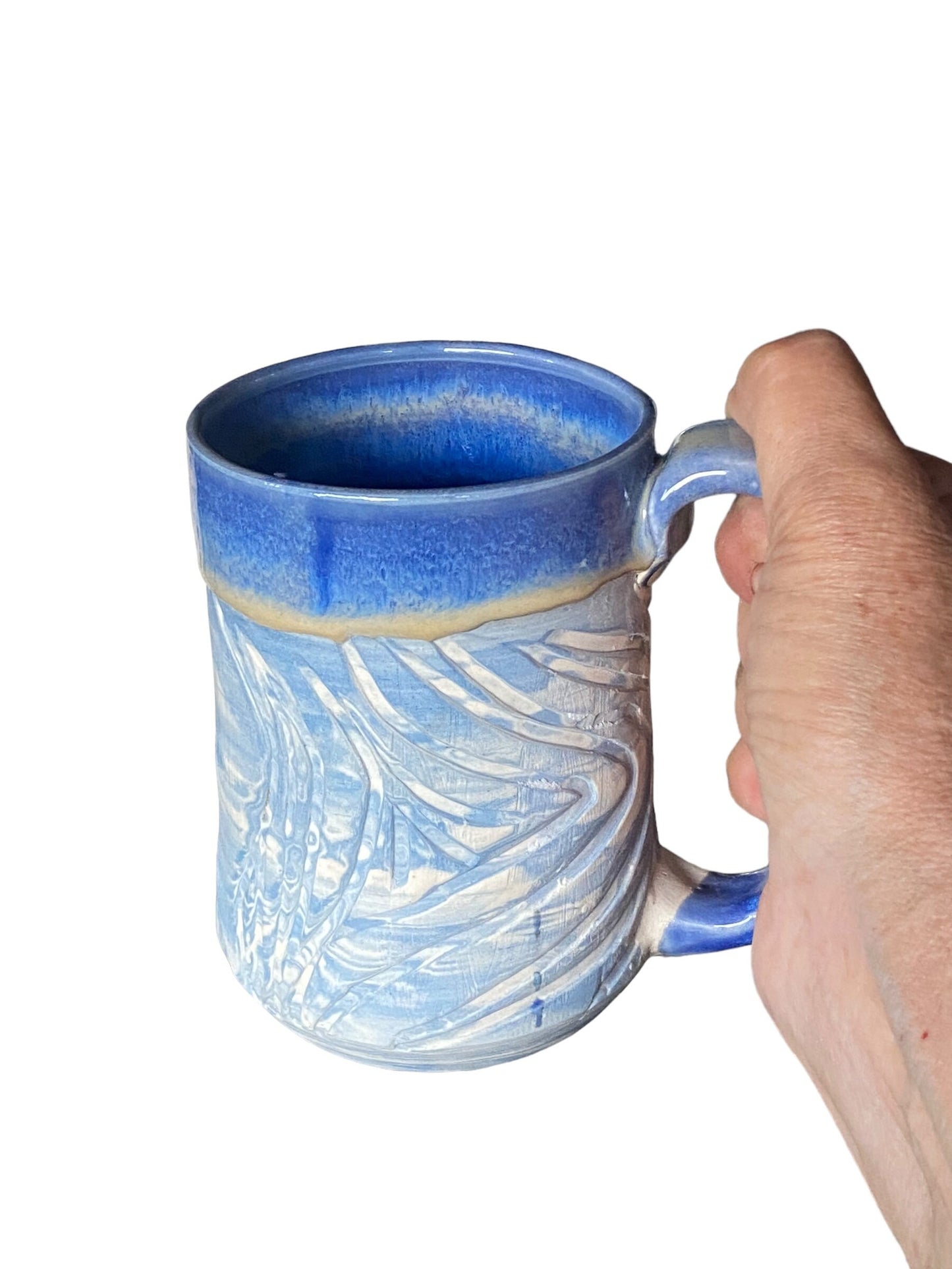 Large Handmade Agateware Mug Framed in a Blu Glaze - Blue and White Marbled Mug - Unique Pottery Coffee Mug