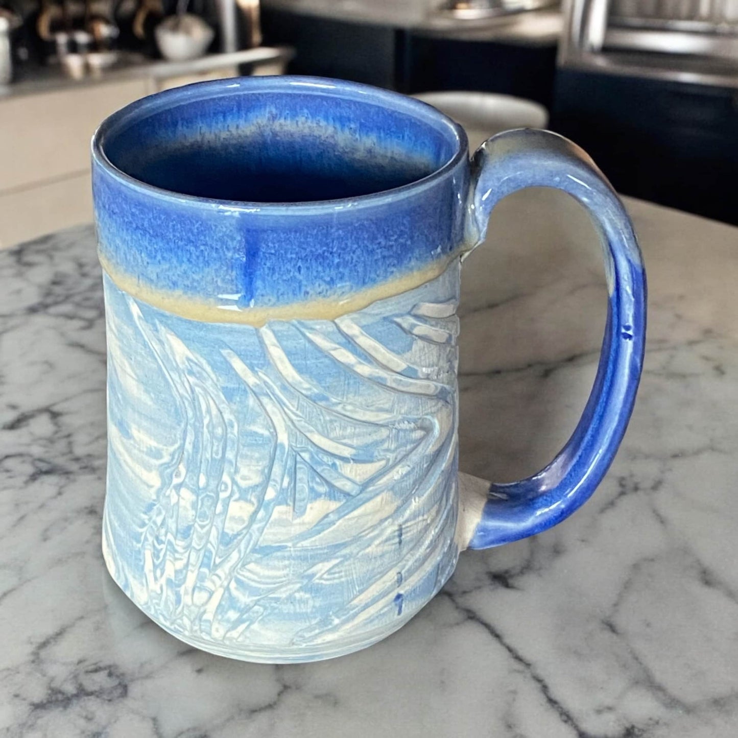 Large Handmade Agateware Mug Framed in a Blu Glaze - Blue and White Marbled Mug - Unique Pottery Coffee Mug