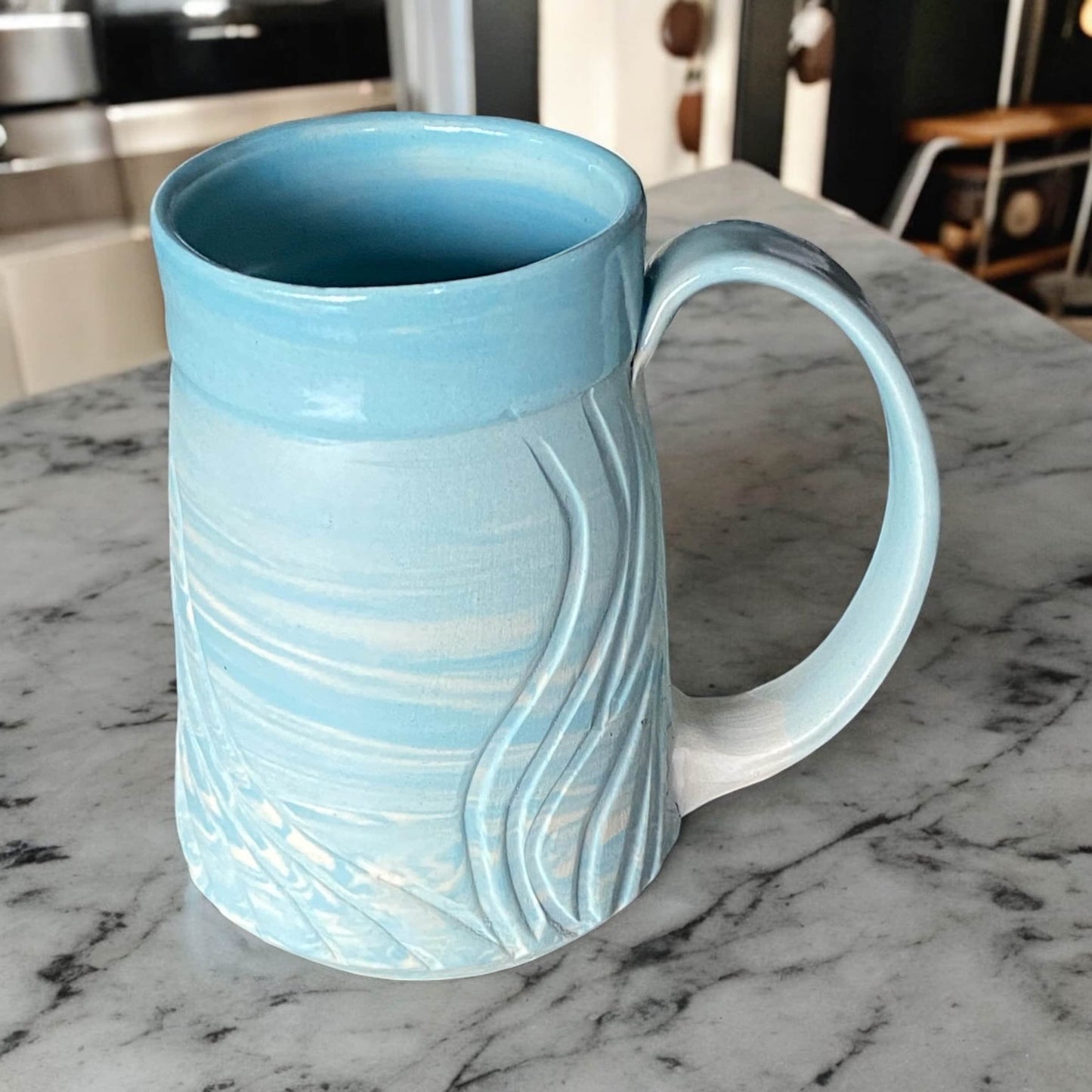 Large Handmade Agateware Mug Framed in a Blue Glaze - Robin's Egg and White Marbled Mug - Unique Pottery Coffee Mug