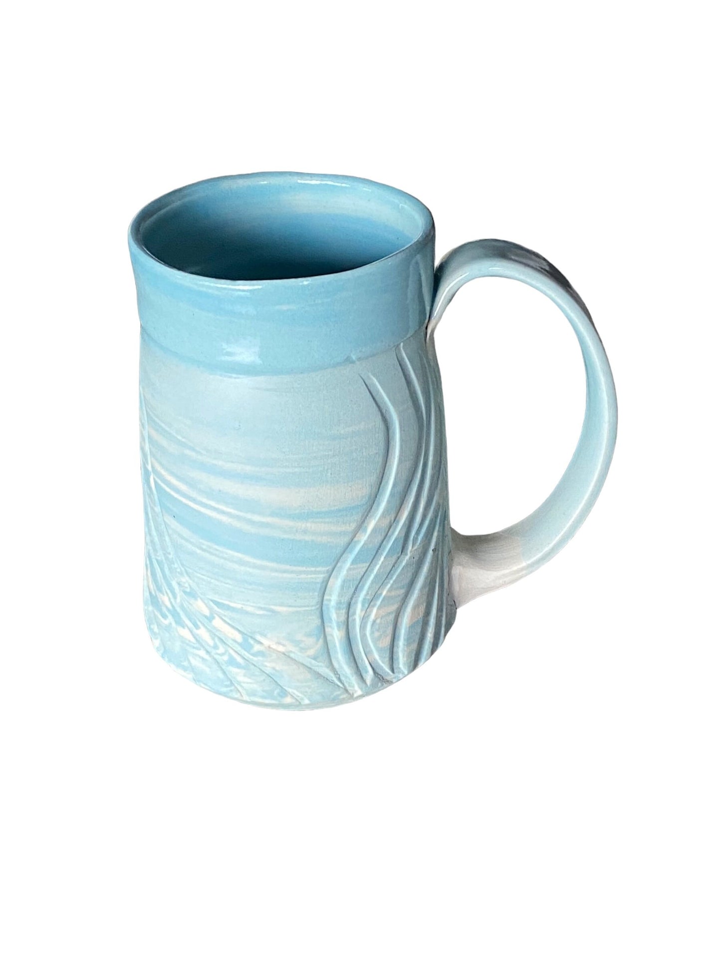 Large Handmade Agateware Mug Framed in a Blue Glaze - Robin's Egg and White Marbled Mug - Unique Pottery Coffee Mug