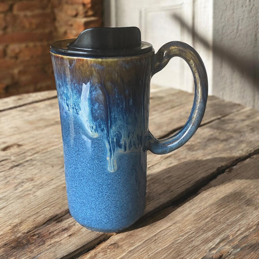 Reactive Blue Glaze 16 - Ounce Travel Mug - Unique Pottery Mug