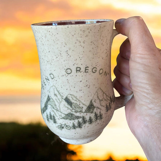 Large Handmade Mug with a Bend, Oregon Mountain Scene - 18 ounce  - Unique Pottery Coffee Mug