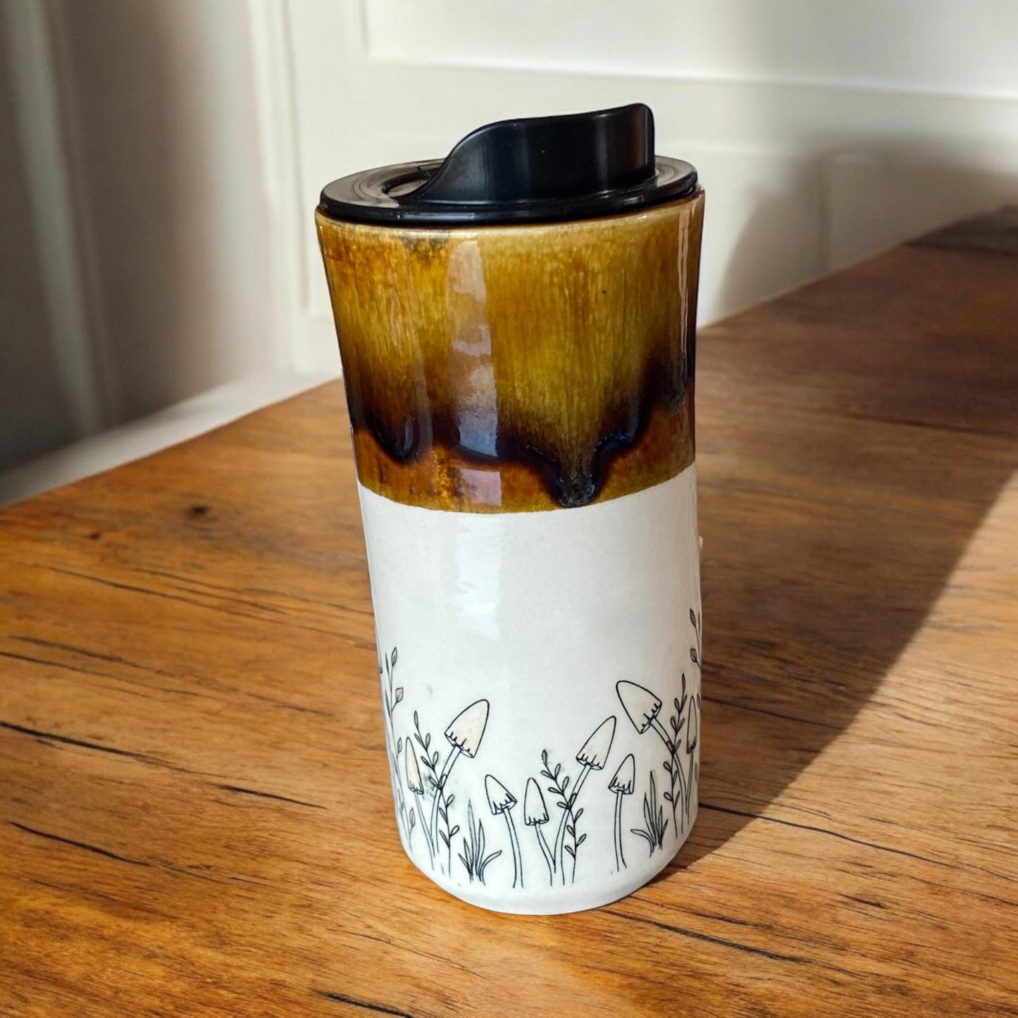 Handmade 16-Ounce Travel Mug with Locking Lid - Whimsically Embellished with Mushrooms for a Unique On-the-Go Experience