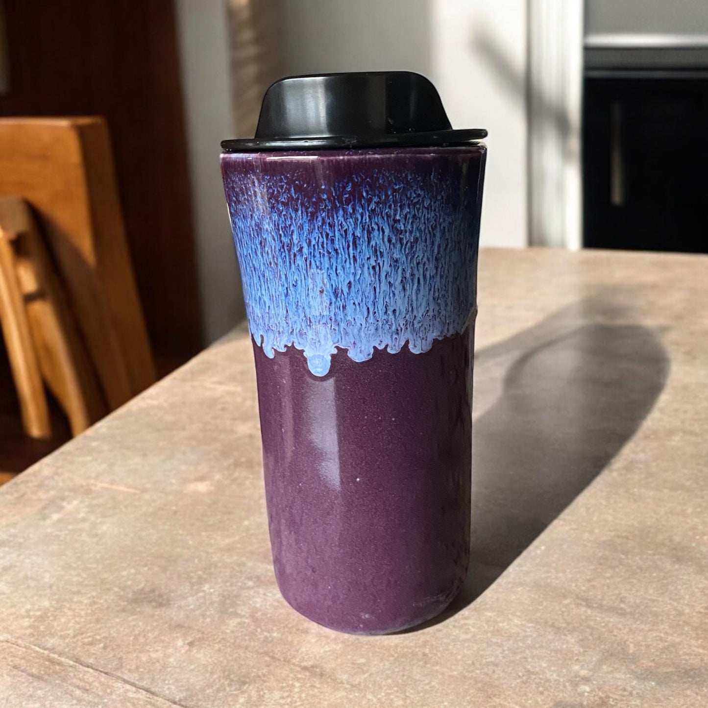 Handmade 16-Ounce Reactive Purple Waterfall Glazed Travel Mug - To Go Mug With Locking Lid