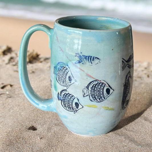 Large Handmade Mug with a School of Fish - 18 ounce  - Unique Pottery Coffee Mug