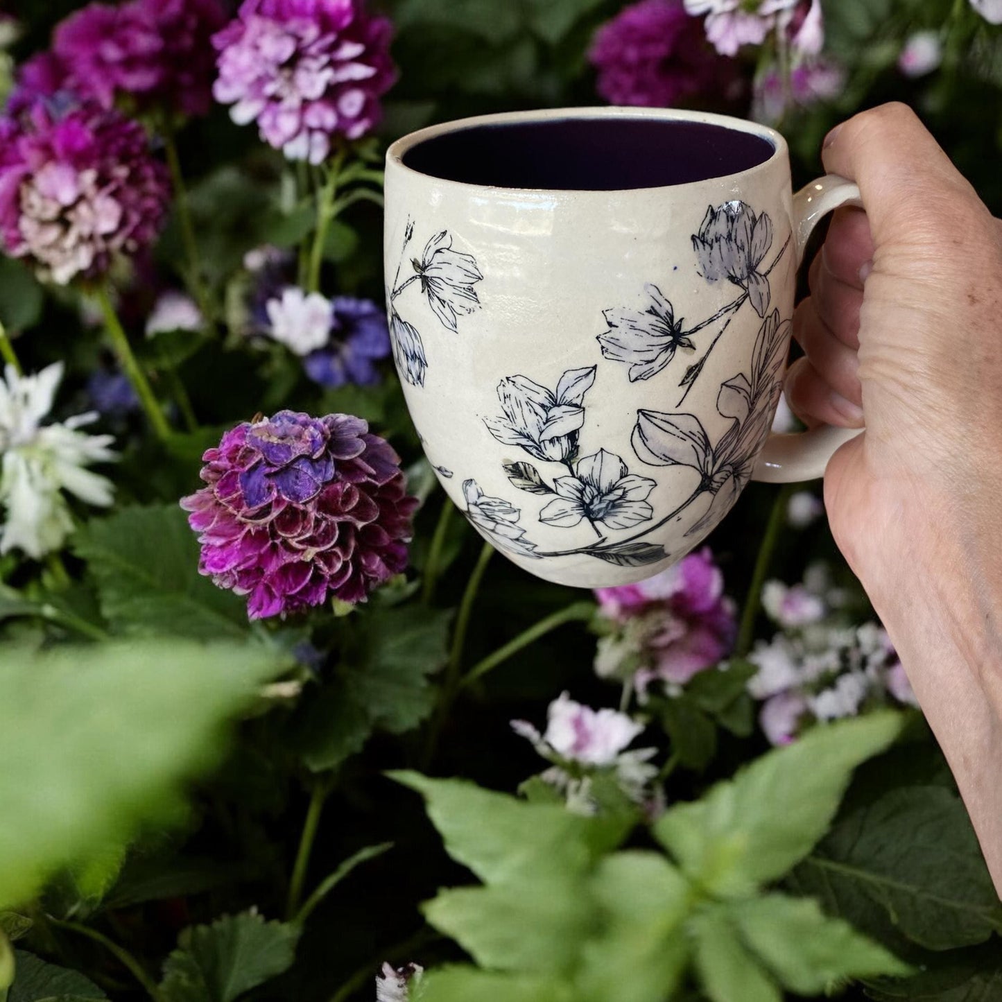 Large Handmade Mug with a Lavender Flowers - 18 ounce  - Unique Pottery Coffee Mug