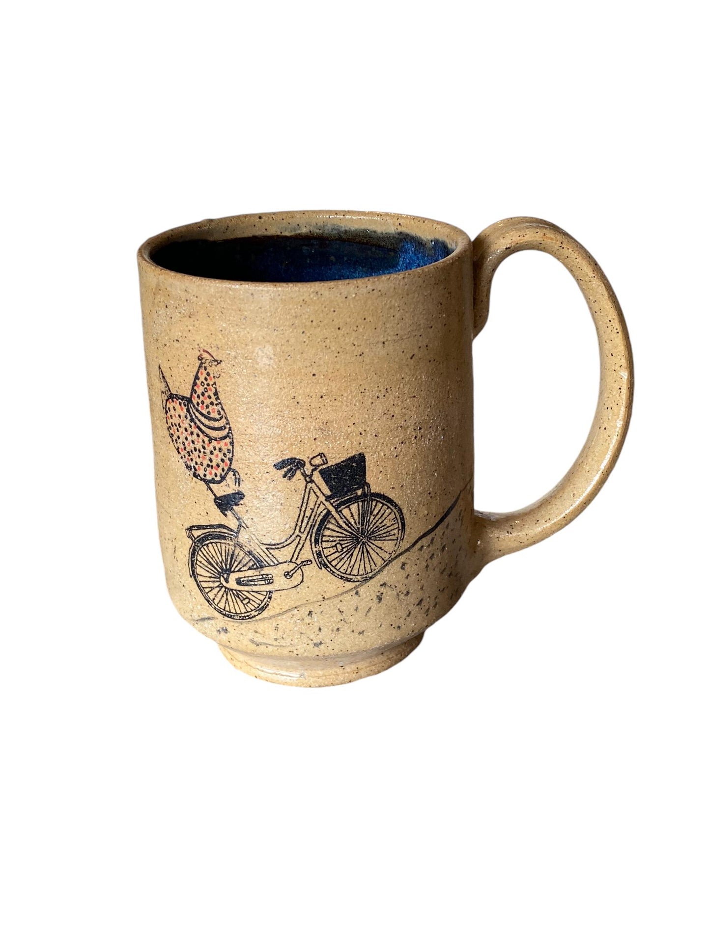 Large Handmade Mug with A Chicken Riding a Bike - 18 ounce  - Unique Pottery Coffee Mug