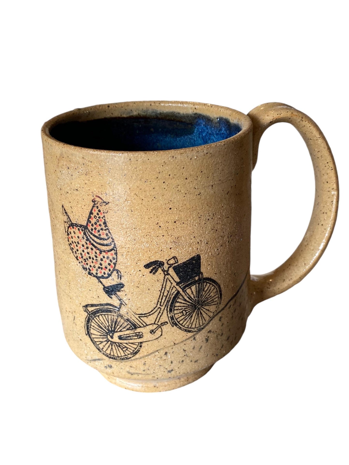 Large Handmade Mug with A Chicken Riding a Bike - 18 ounce  - Unique Pottery Coffee Mug