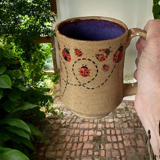 Large Handmade Mug with Ladybugs - 18 ounce  - Unique Pottery Coffee Mug