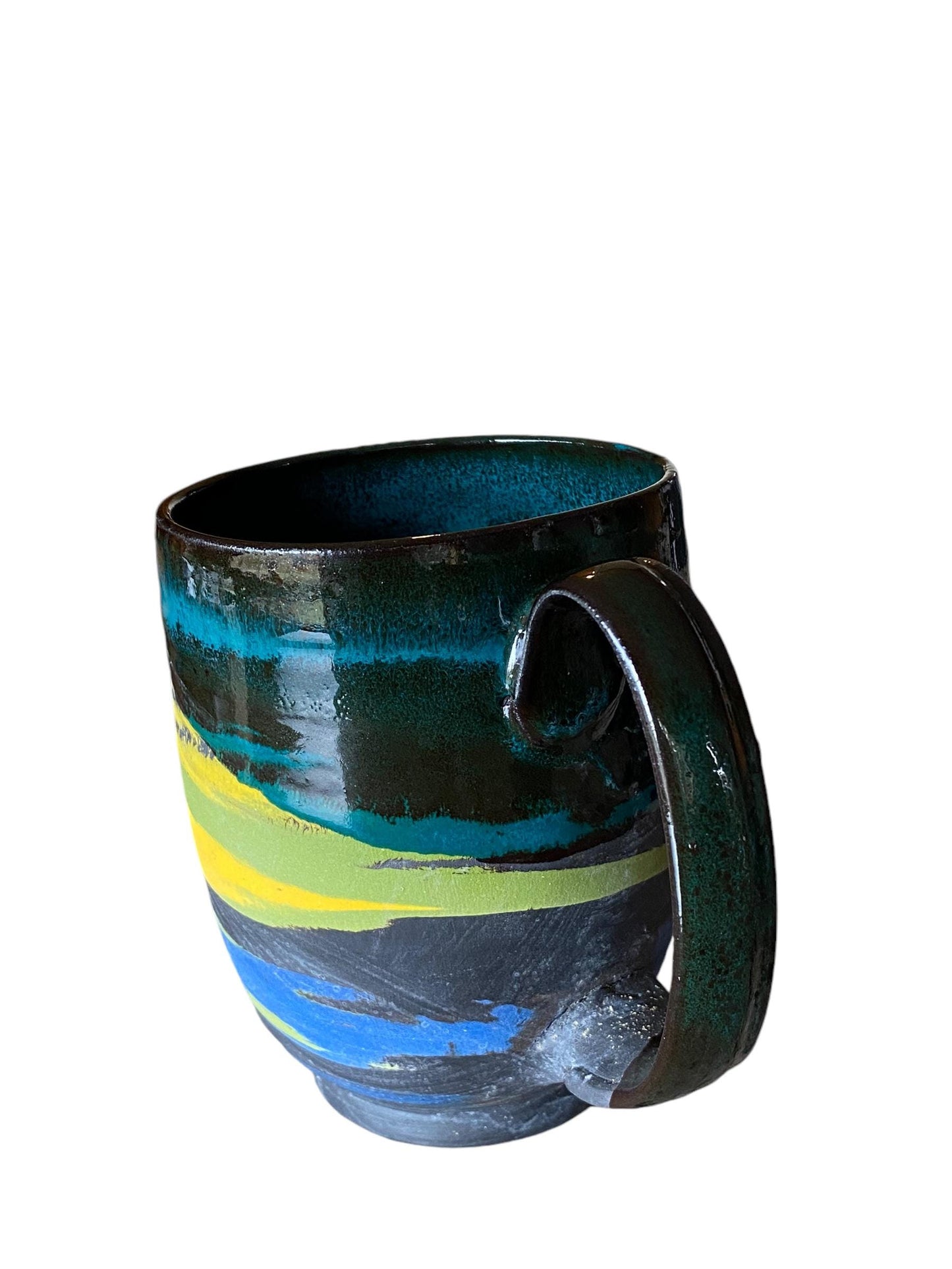 Large Handmade Turquoise, Blue, and Yellow 16 Ounce Agateware Mug  - Unique Pottery Coffee Mug