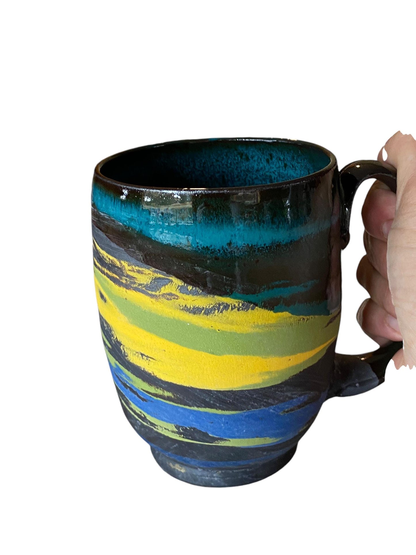 Large Handmade Turquoise, Blue, and Yellow 16 Ounce Agateware Mug  - Unique Pottery Coffee Mug