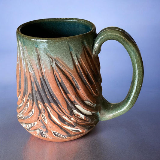 Artisanal Carved Agateware Coffee Mug: Sage Glazed Stoneware Pottery Handcrafted Tea Cup