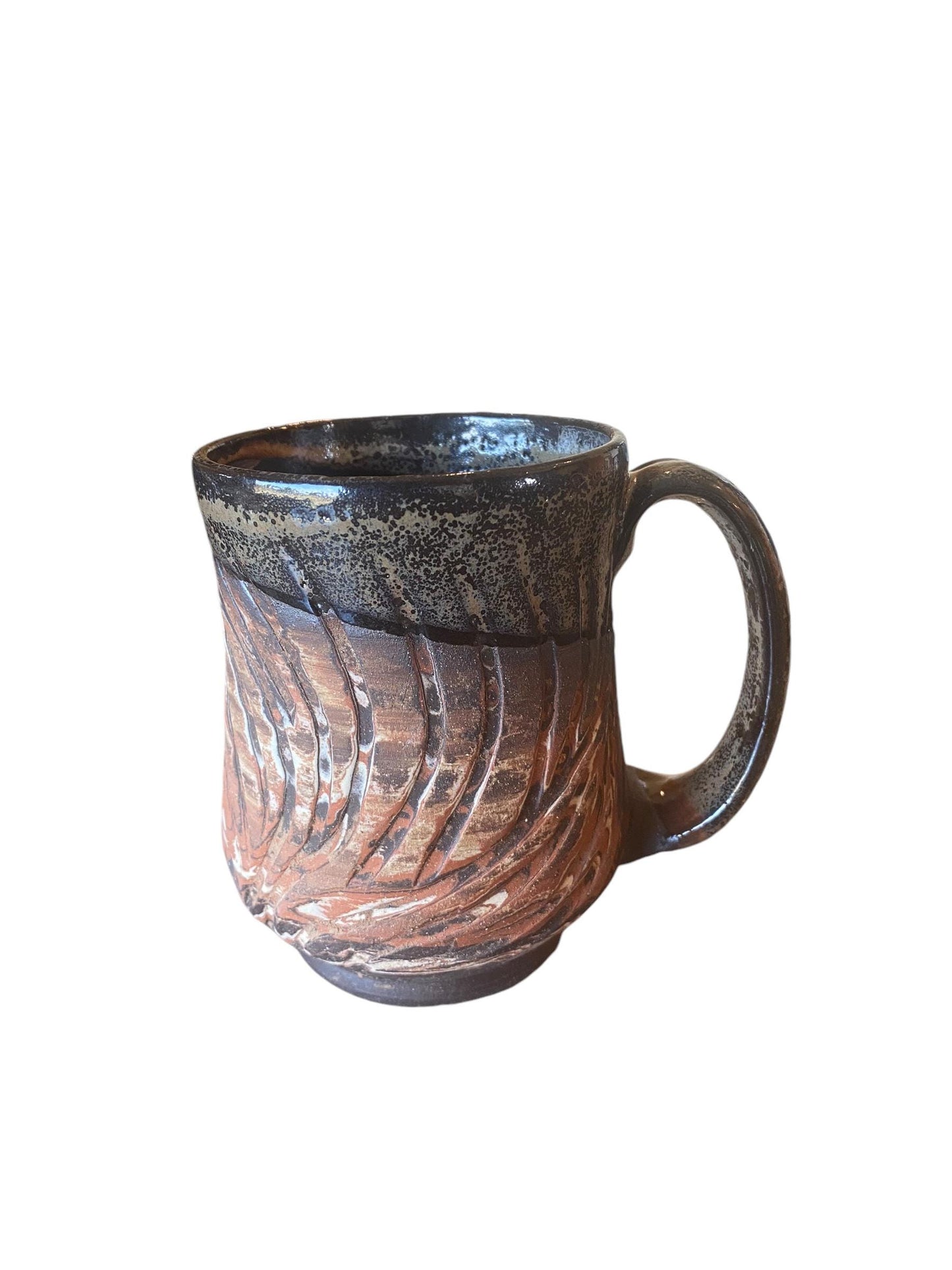 Large Handmade Agateware Mug Framed in a Reactive Gray Glaze - Red, Black and White Marbled Mug - Unique Pottery Coffee Mug