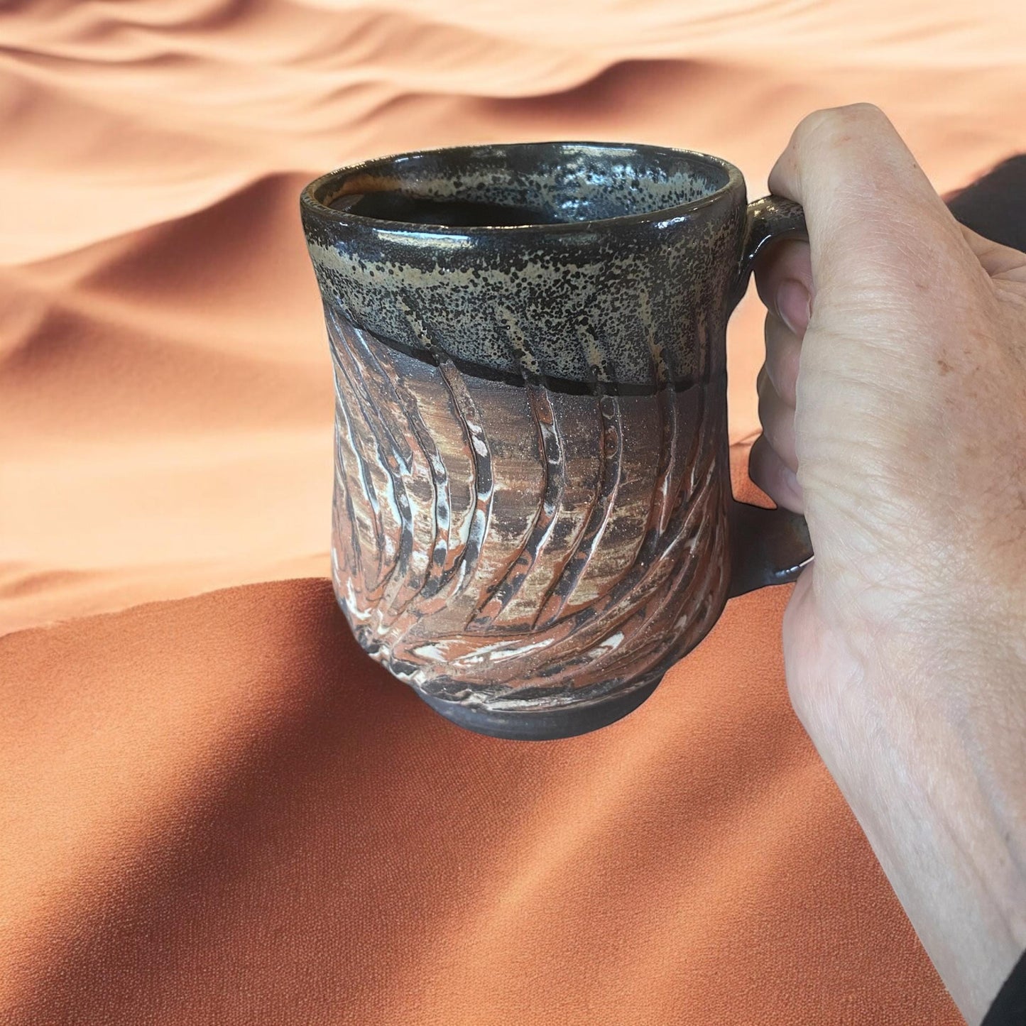 Large Handmade Agateware Mug Framed in a Reactive Gray Glaze - Red, Black and White Marbled Mug - Unique Pottery Coffee Mug