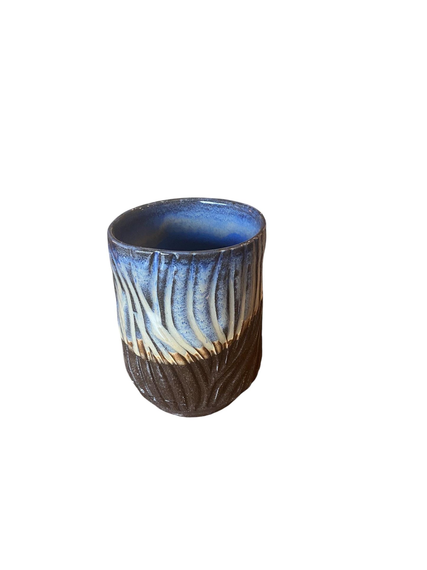 Agateware Carved Handless Mug in Blues and Browns - 12 Ounce Handmade Pottery Mug-