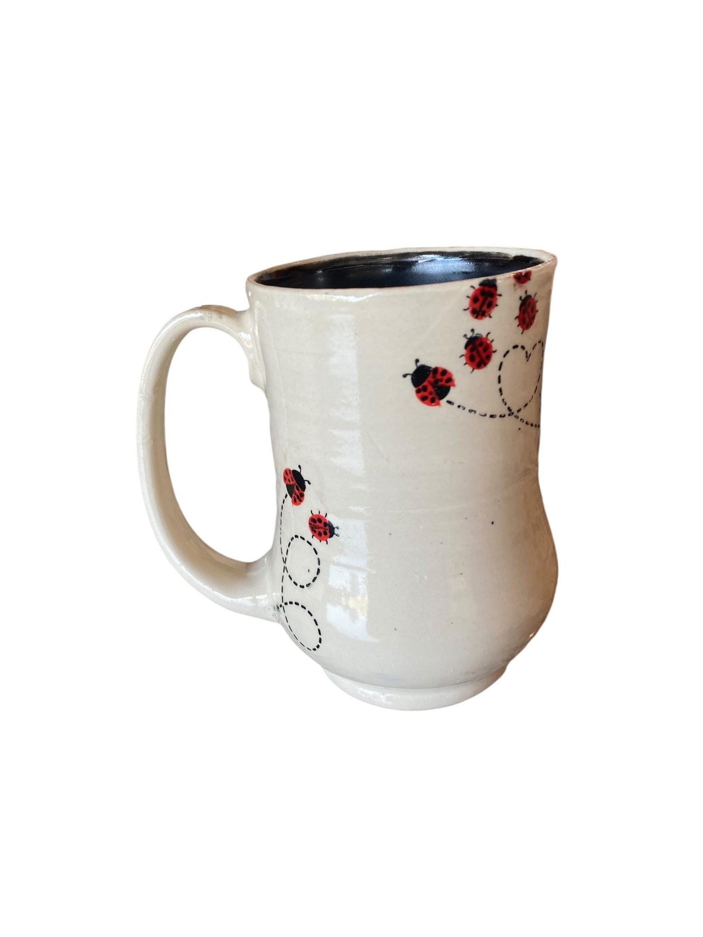 Large Handmade 18-Ounce Pottery Mug Decorated with Playful Ladybugs - Unique Coffee Mug