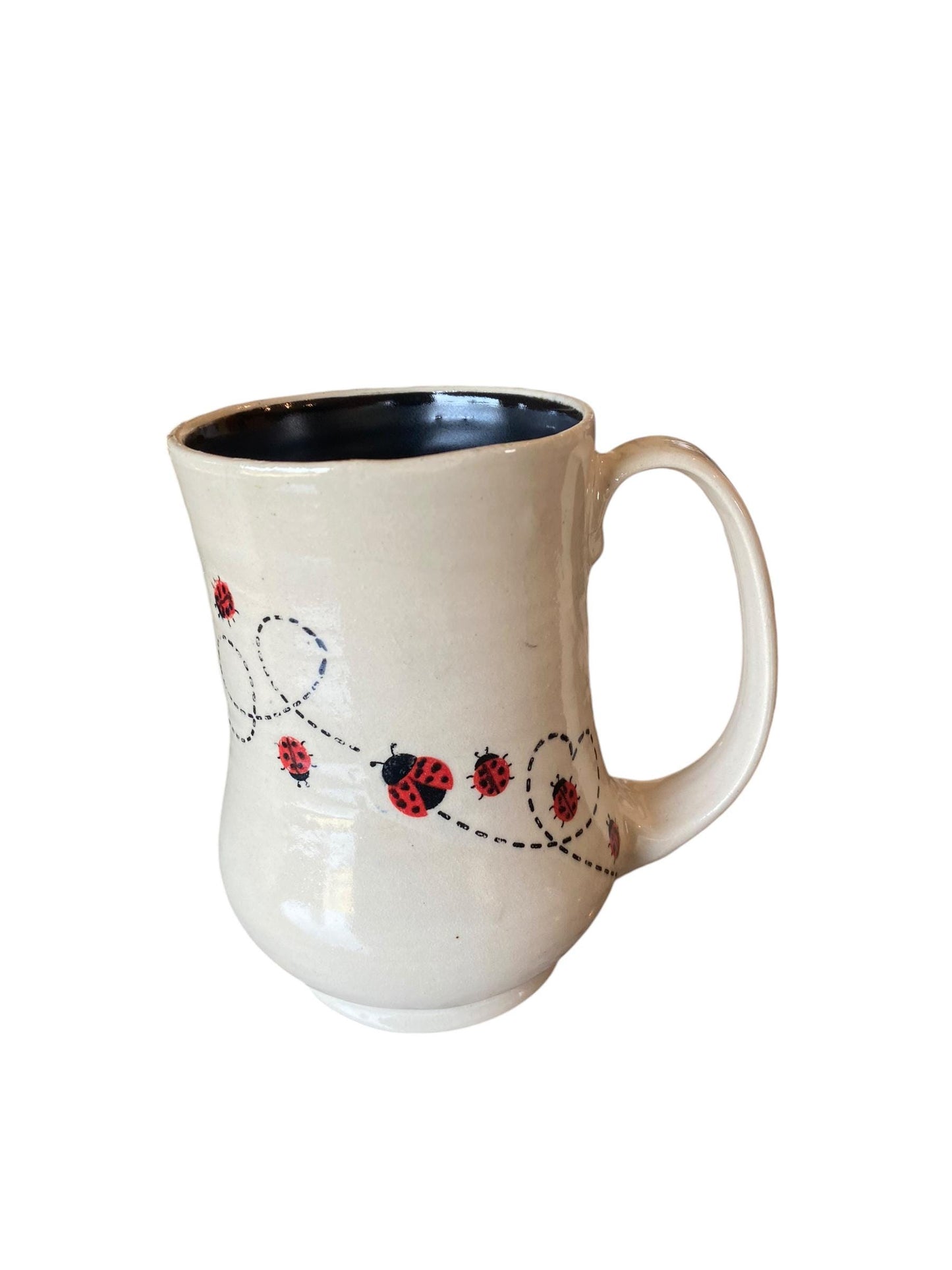 Large Handmade 18-Ounce Pottery Mug Decorated with Playful Ladybugs - Unique Coffee Mug