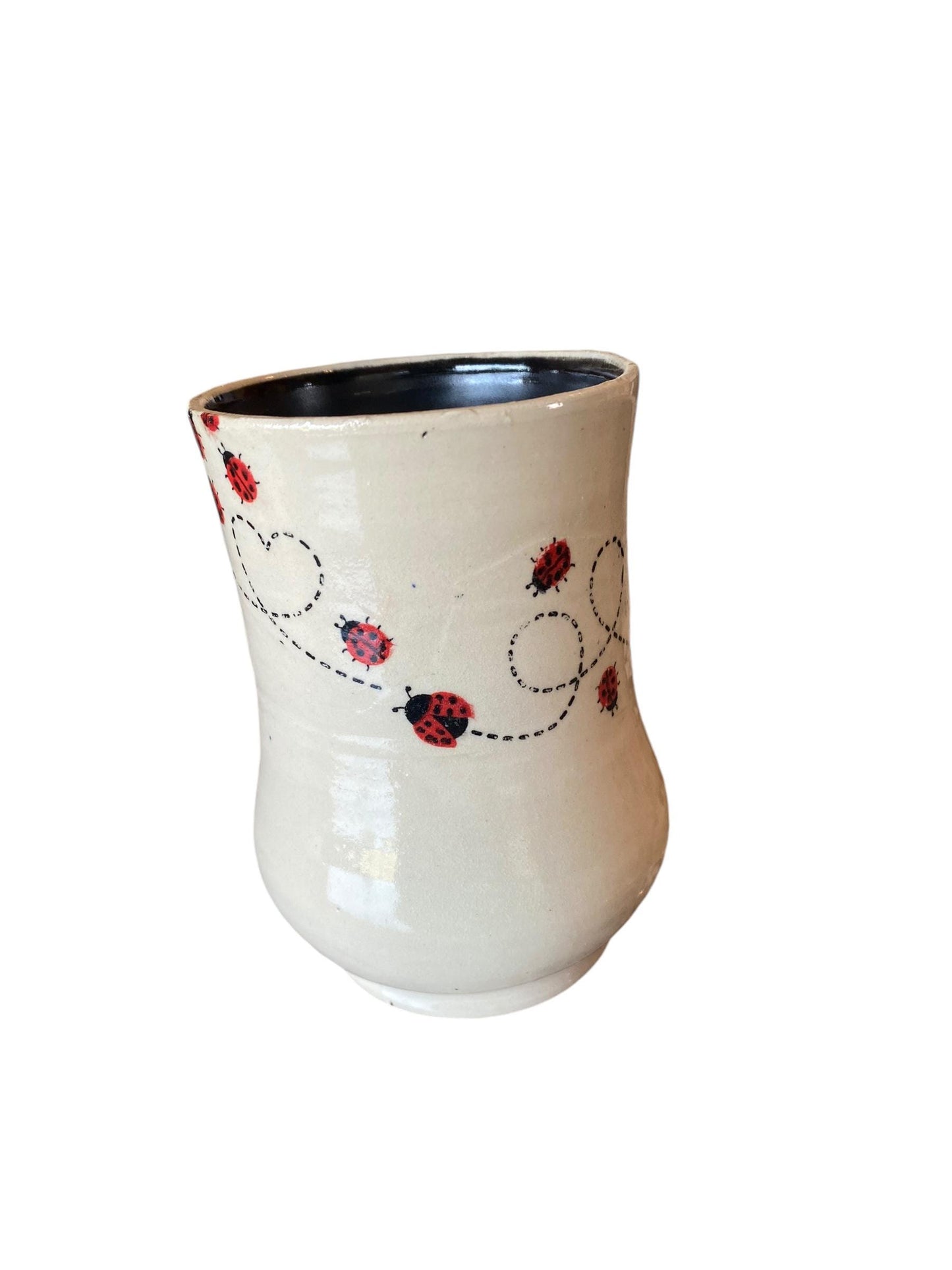 Large Handmade 18-Ounce Pottery Mug Decorated with Playful Ladybugs - Unique Coffee Mug