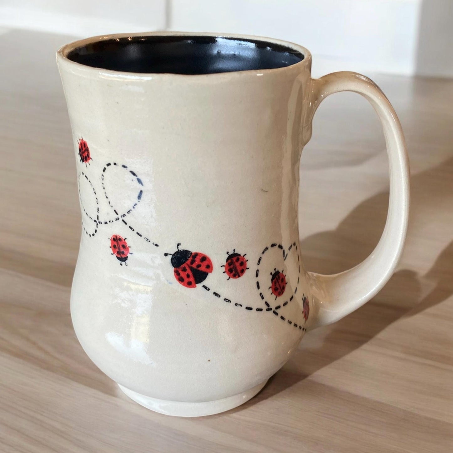 Large Handmade 18-Ounce Pottery Mug Decorated with Playful Ladybugs - Unique Coffee Mug