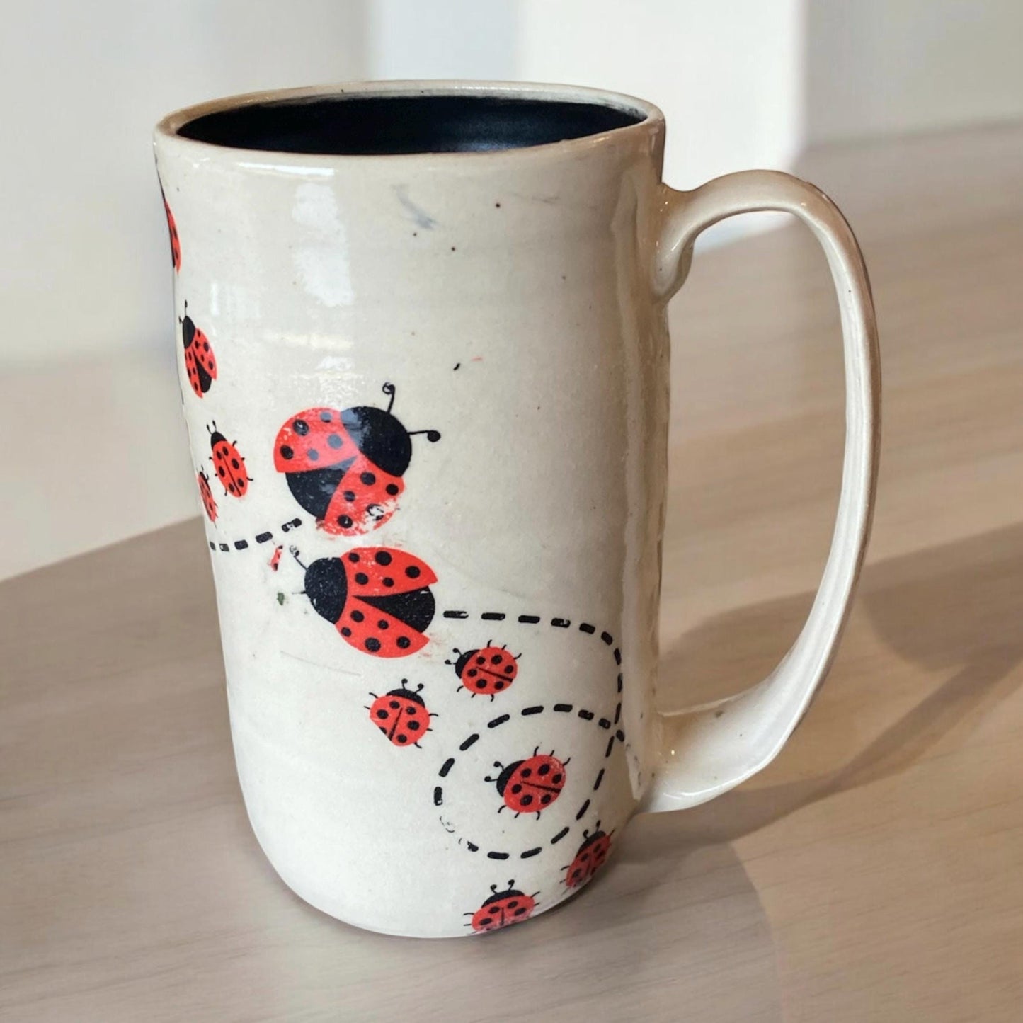 Large Handmade 16-Ounce Pottery Mug Decorated with Playful Ladybugs - Unique Coffee Mug