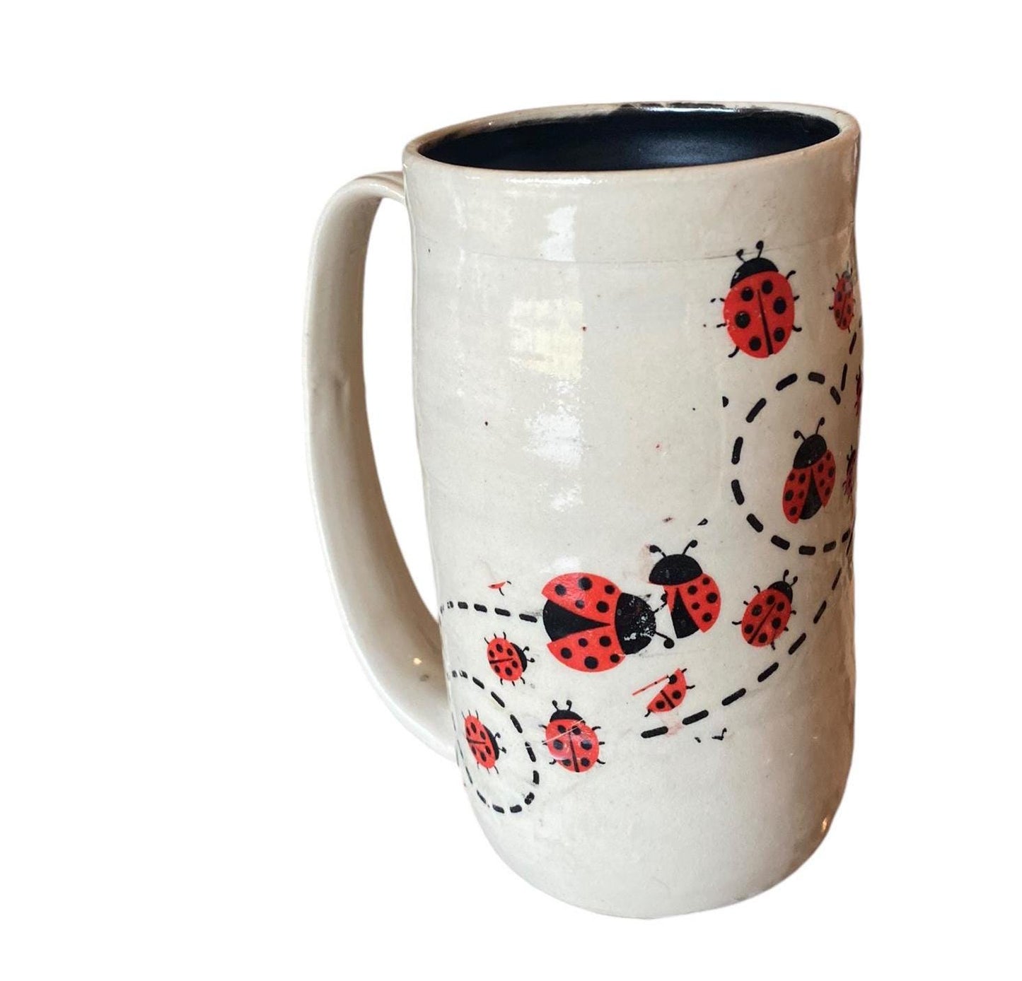 Large Handmade 16-Ounce Pottery Mug Decorated with Playful Ladybugs - Unique Coffee Mug