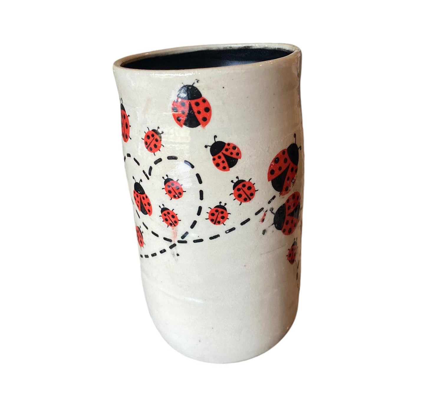 Large Handmade 16-Ounce Pottery Mug Decorated with Playful Ladybugs - Unique Coffee Mug