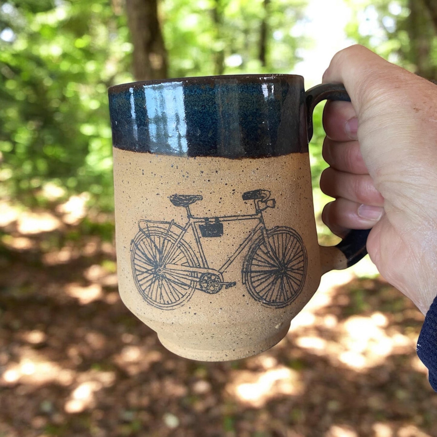 Large 16-Ounce Mug with Speckled Brown Clay, Bike Design, and Blue Glaze