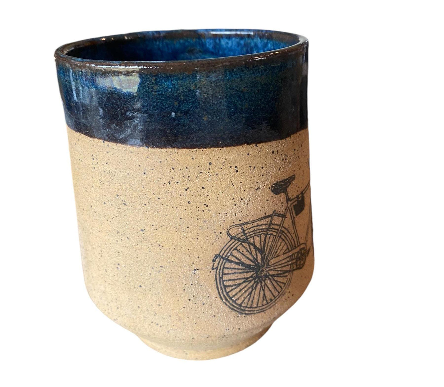 Large 16-Ounce Mug with Speckled Brown Clay, Bike Design, and Blue Glaze