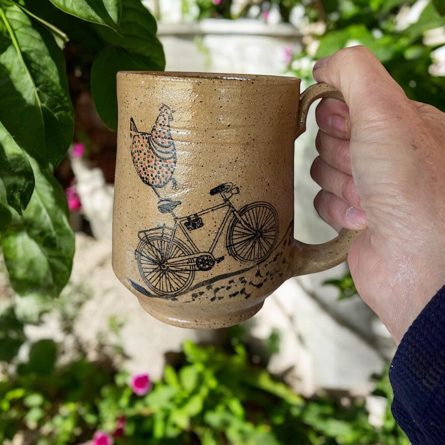 Large 16 Ounce Handmade Mug with A Chicken Riding a Bike - Unique Pottery Coffee Mug