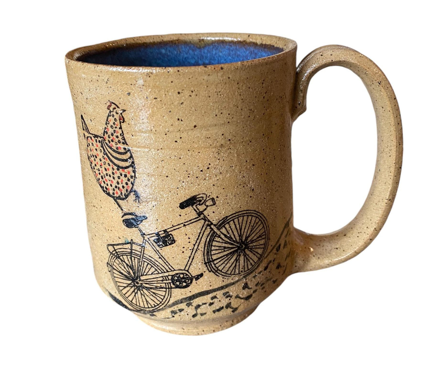 Large 16 Ounce Handmade Mug with A Chicken Riding a Bike - Unique Pottery Coffee Mug