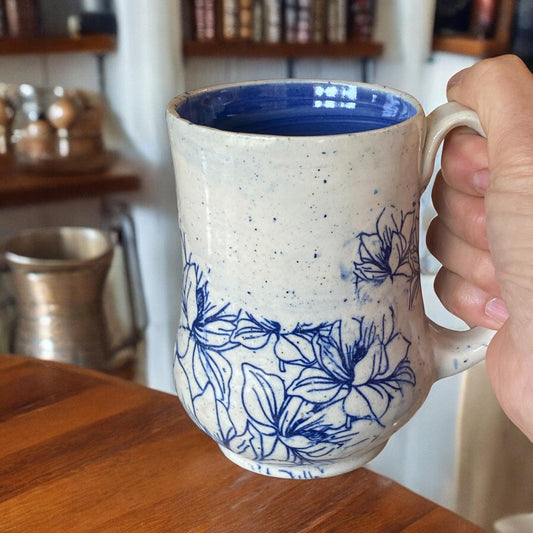 Large Handmade Mug with a Blue Flowers - 16 ounce  - Unique Pottery Coffee Mug