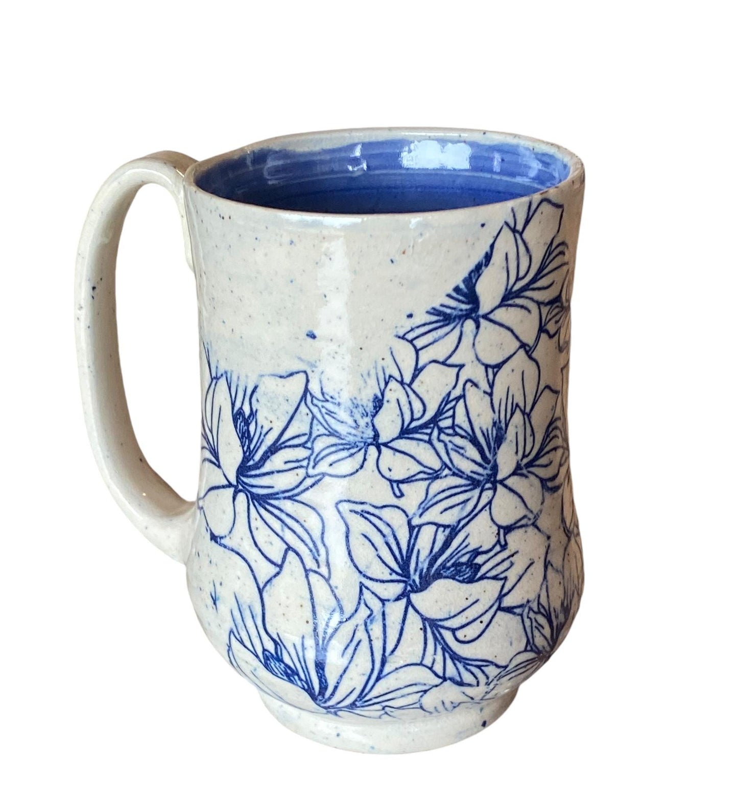 Large Handmade Mug with a Blue Flowers - 16 ounce  - Unique Pottery Coffee Mug