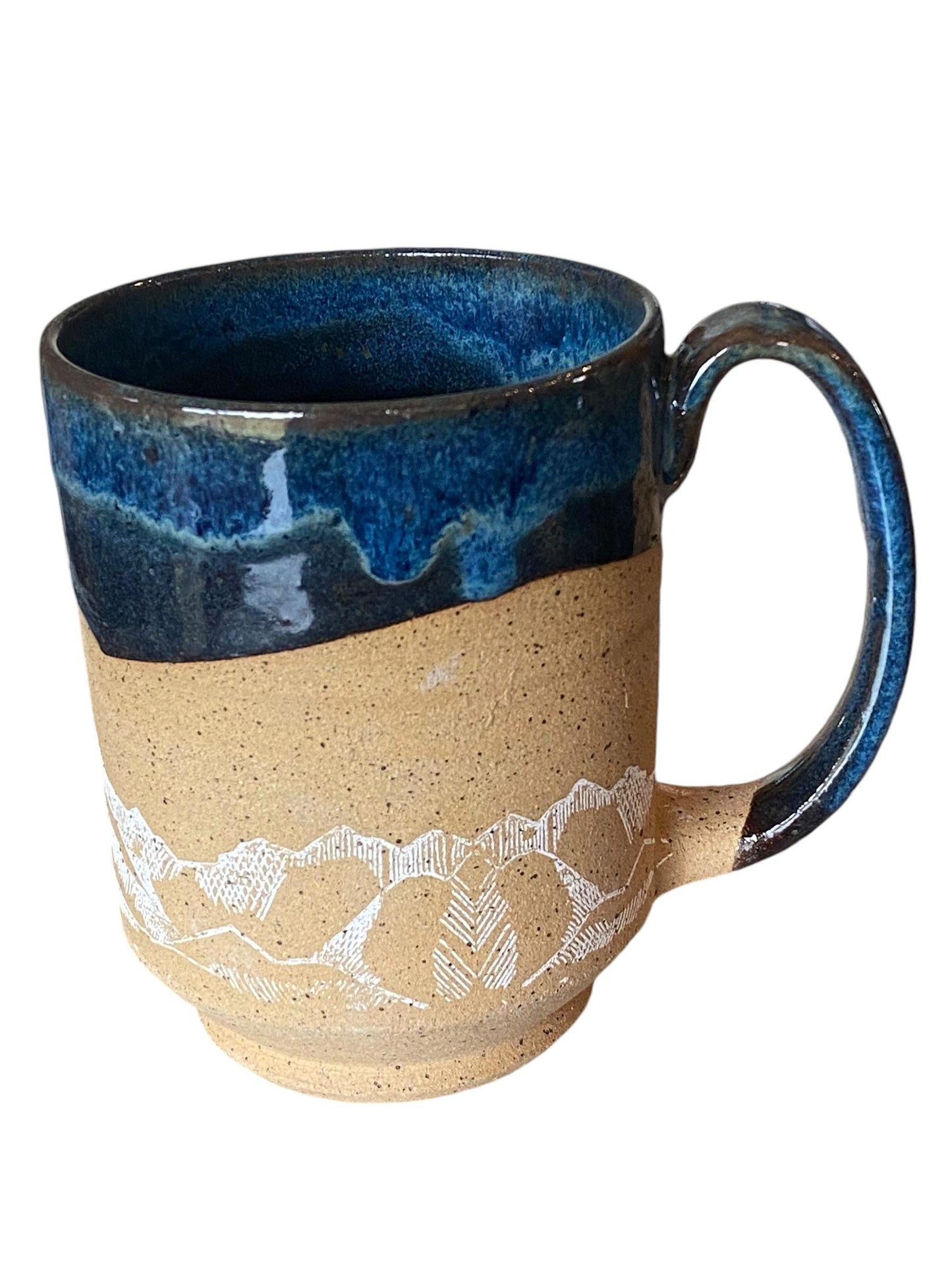 Large Handmade Mountain Mug - 16 Ounce Unique Pottery Coffee Mug with Reactive Blue Glaze