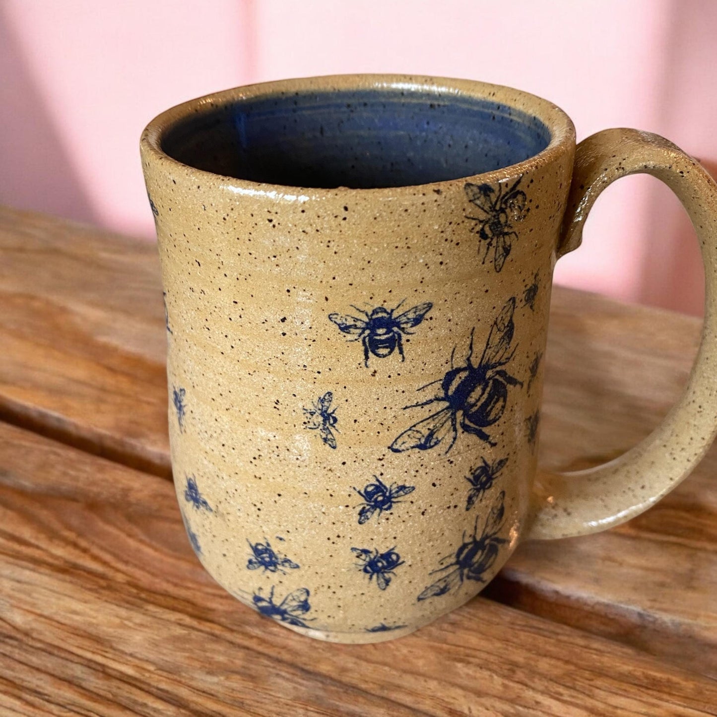 Large Handmade Mug with Bees  Framed by Blue Glaze - Unique Pottery Coffee Mug