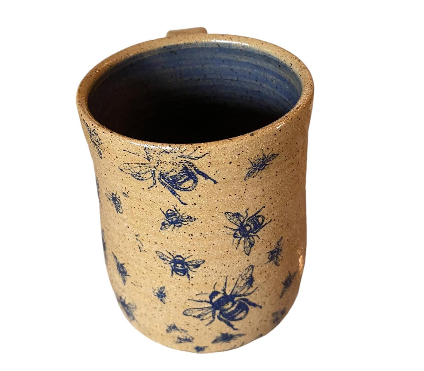 Large Handmade Mug with Bees  Framed by Blue Glaze - Unique Pottery Coffee Mug