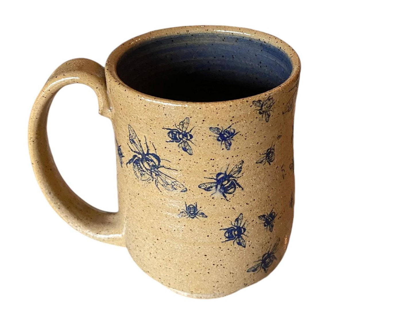 Large Handmade Mug with Bees  Framed by Blue Glaze - Unique Pottery Coffee Mug