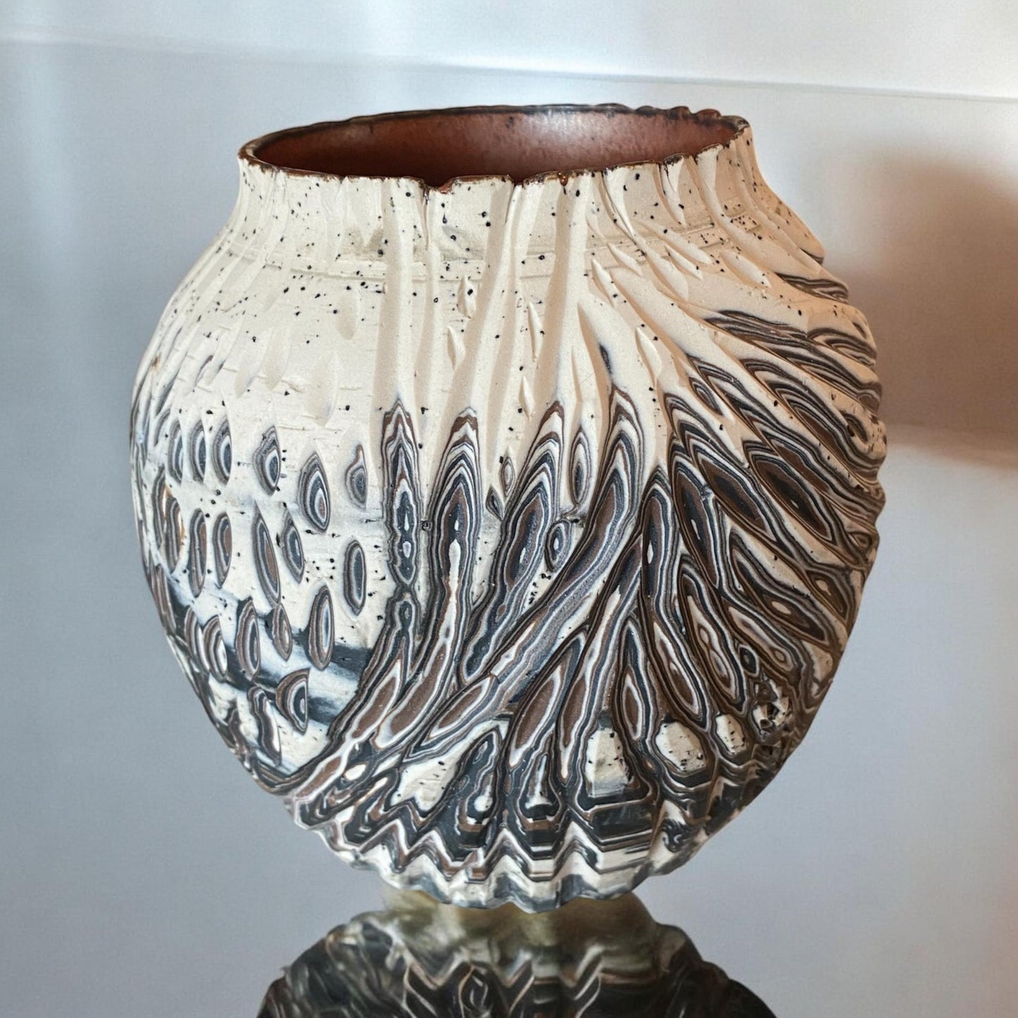 Large Hand-Thrown Carved Agateware Vase - Glazed in Copper